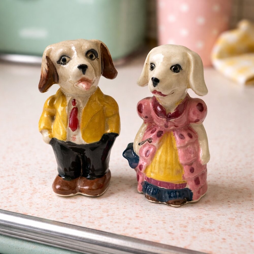 Vintage Mid-Century Charming Dog Couple Salt & Pepper Shaker Set - Japan